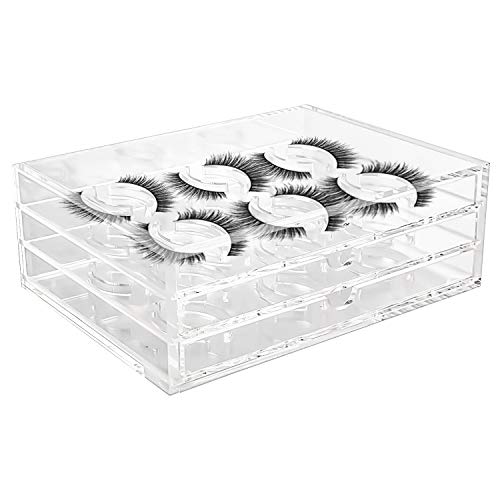 Clear acrylic three-drawer eyelash organizer; eyelashes not included