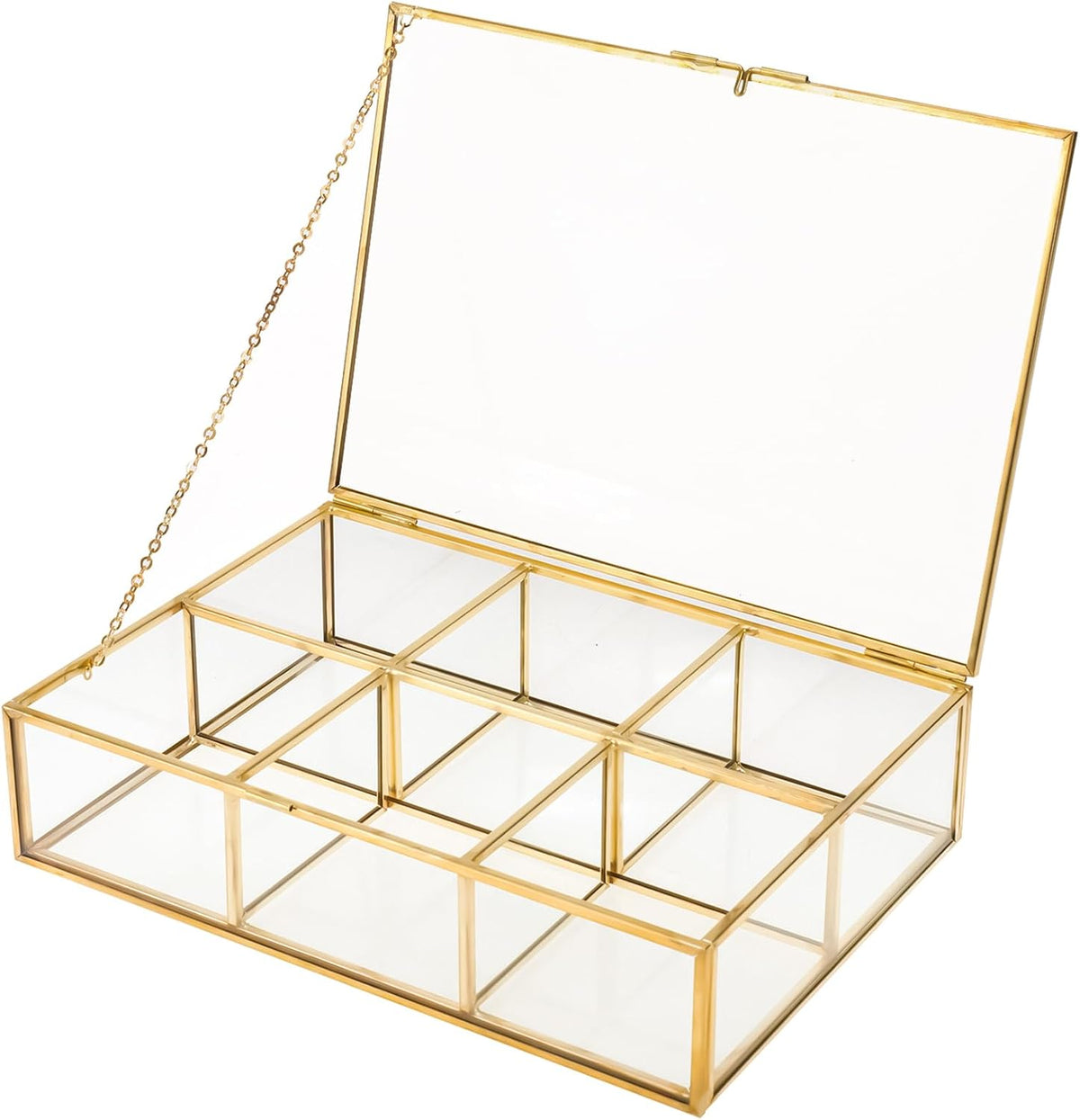 Six-compartment glass tea bag organizer with gold-tone frame