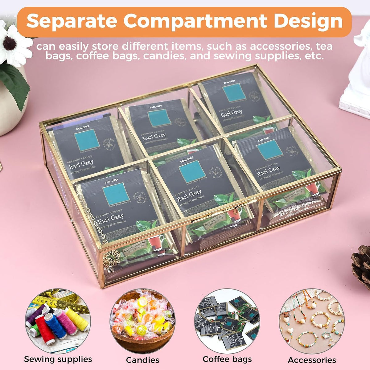 Glass organizer holding packaged tea bags; tea bags not included