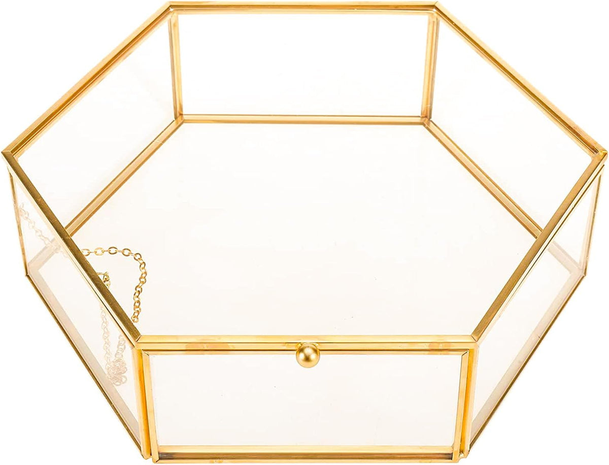 Gold-tone hexagonal glass jewelry box