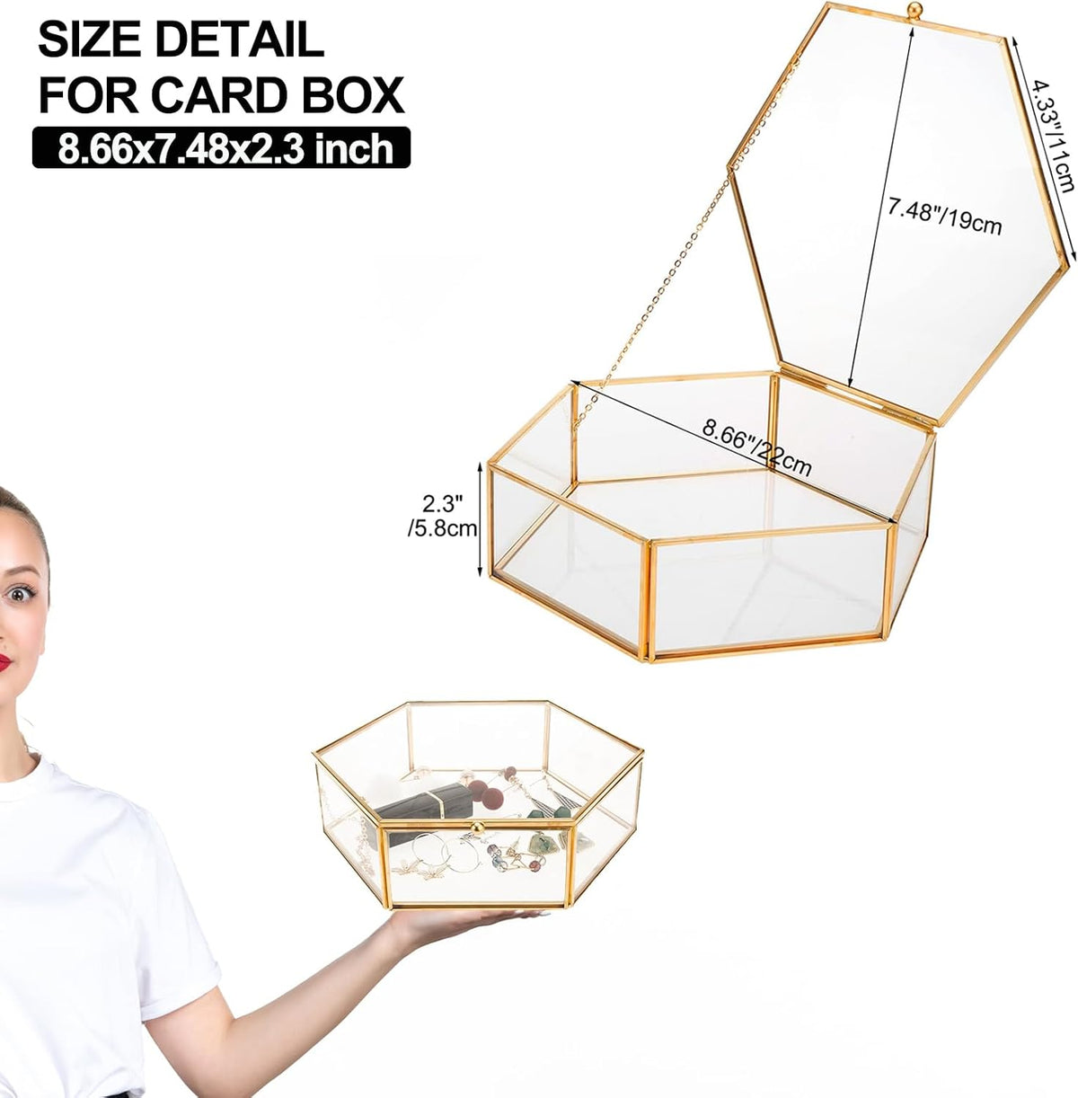 Hexagonal glass jewelry box size illustration