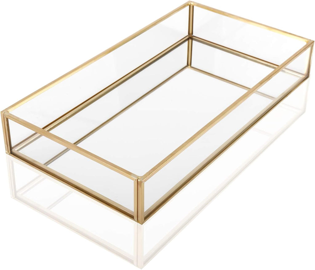 Gold-tone rectangular mirrored vanity tray