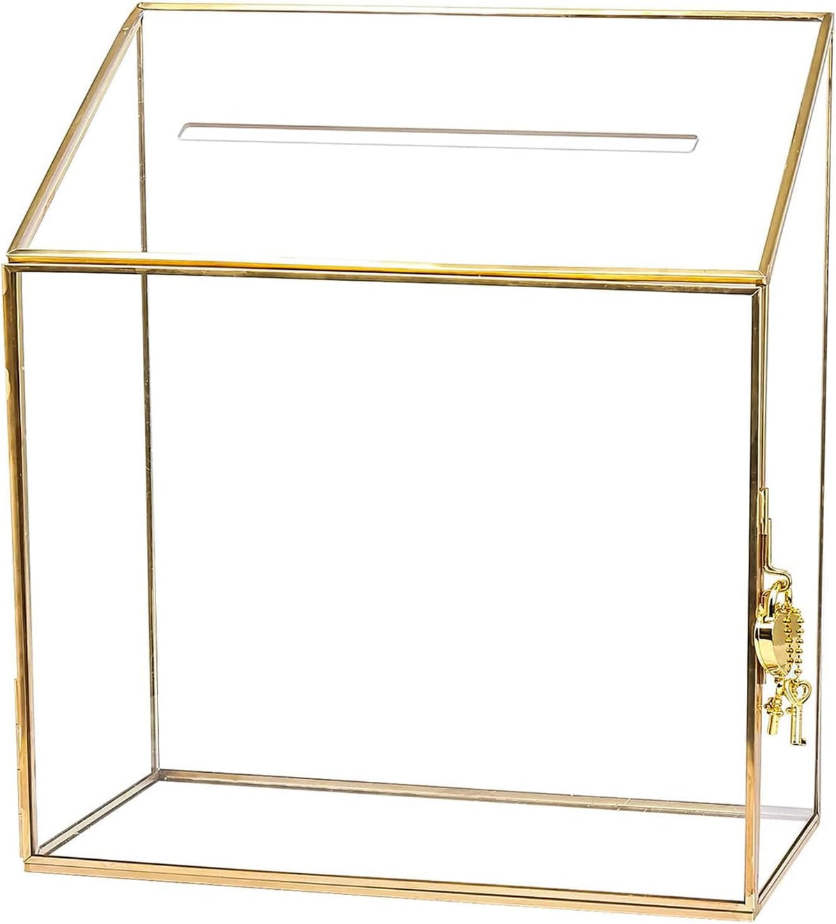Gold-tone wedding card box with glass sides and acrylic top