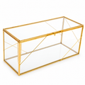 Gold-tone rectangular glass display box, empty with the lid closed, on a white background.