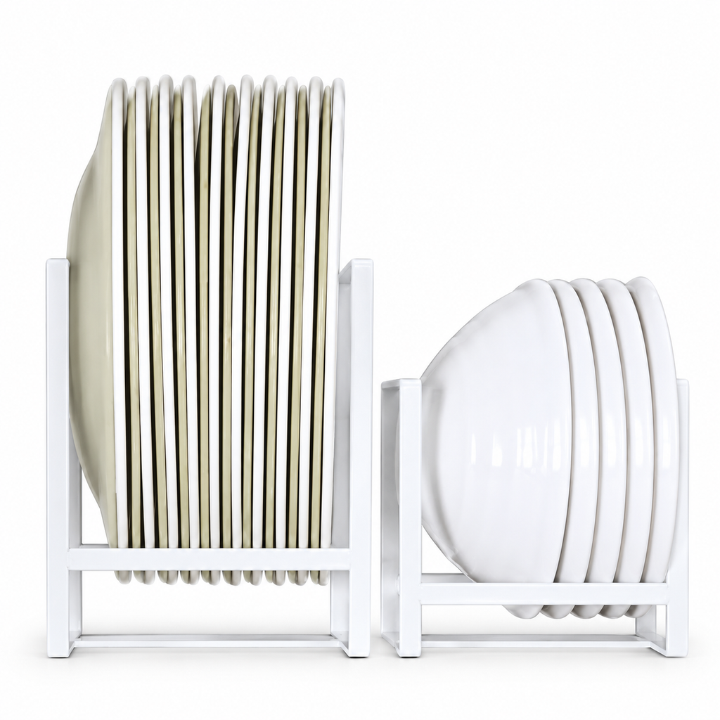 Set of two white metal vertical plate racks on a white background; plates shown for display are not included.