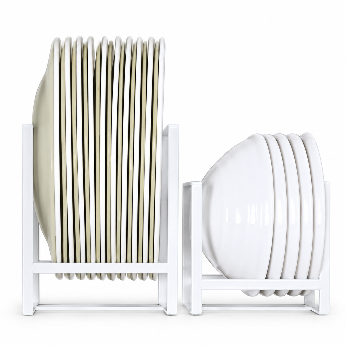 Set of two white metal vertical plate racks on a white background; plates shown for display are not included.