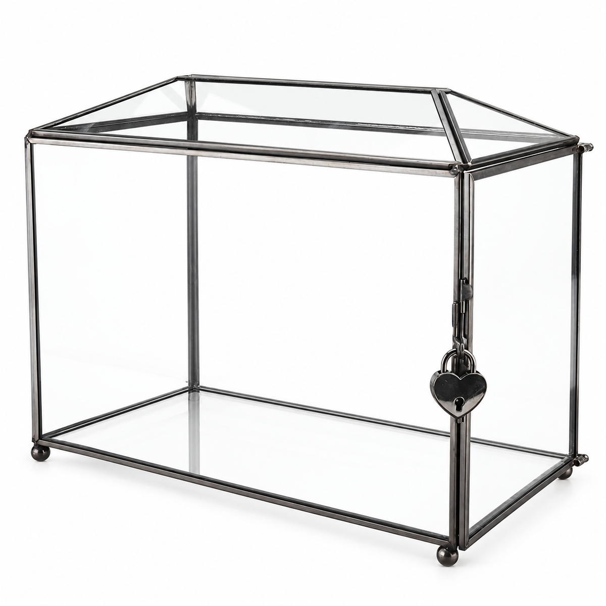 Empty black house-shaped glass wedding card box with a heart-shaped lock on a white background.