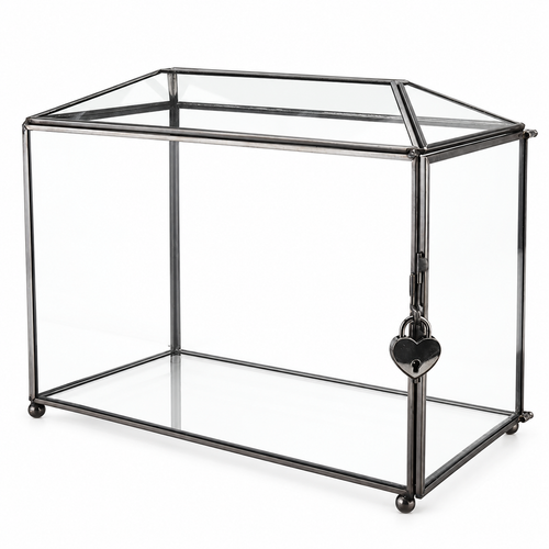 Empty black house-shaped glass wedding card box with a heart-shaped lock on a white background.