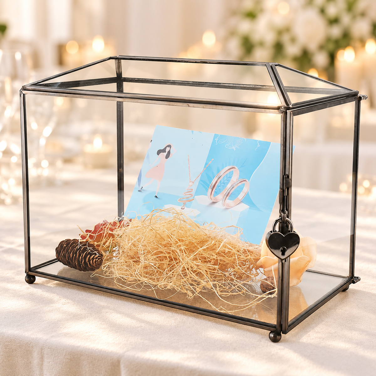 AI-styled reception scene based on the product photo: black glass house-shaped card box with heart lock; display props not included.
