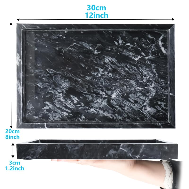 Black marble-pattern tray dimension illustration, approximately 12 by 8 by 1.2 inches.