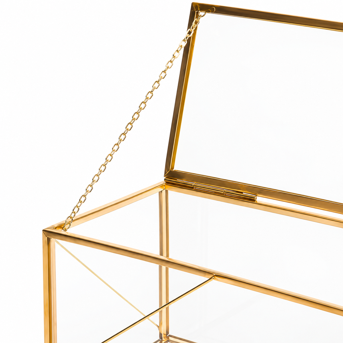 AI-assisted detail based on the product photo, showing the gold-tone glass display box lid-support chain and geometric frame.