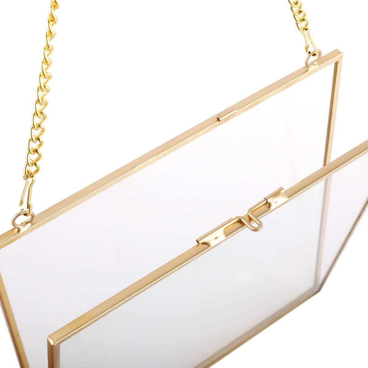 Gold-tone square double-glass hanging frame opened to show the hinged glass panels.