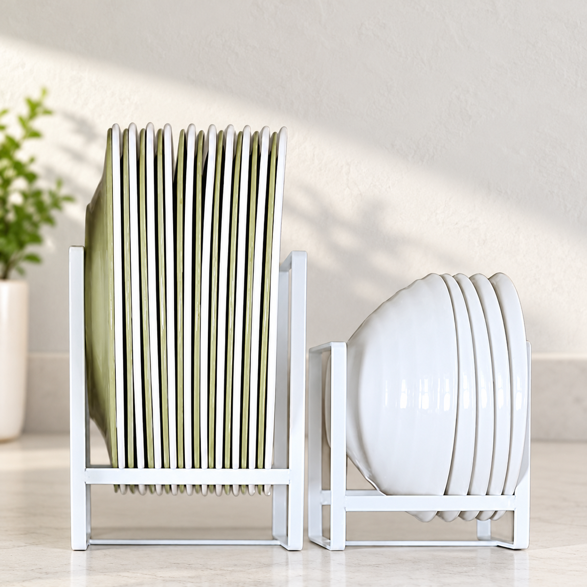 AI-styled kitchen scene based on the product photo: two white metal vertical plate racks; plates and decor not included.