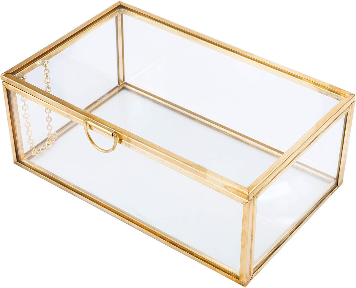 Small rectangular glass keepsake box with gold-tone frame