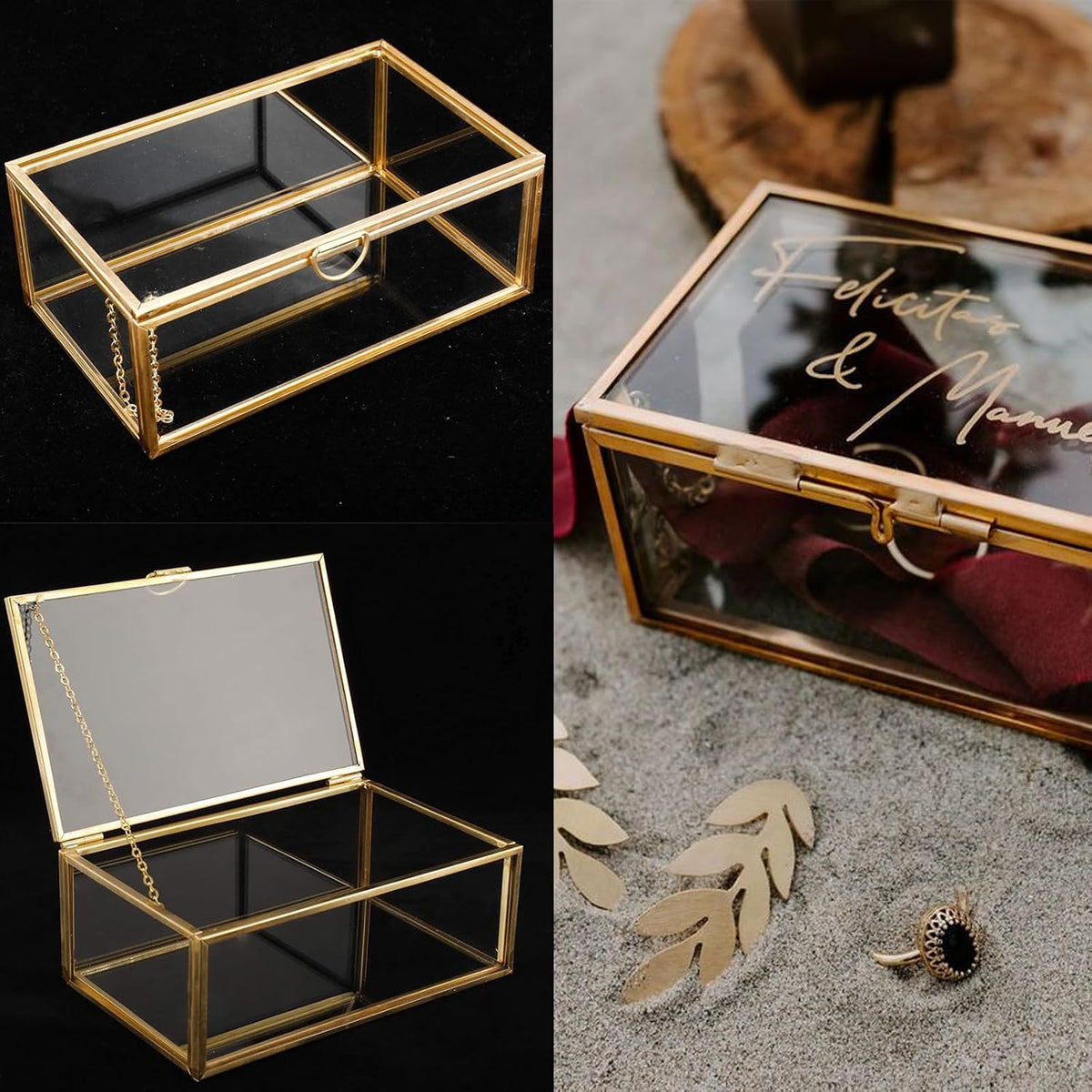 Gold-tone glass keepsake box with hinged lid open and closed