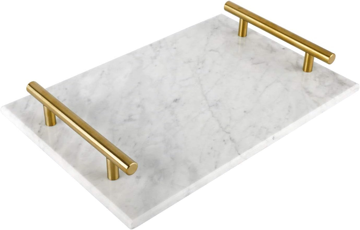 White marble tray with two copper-tone handles