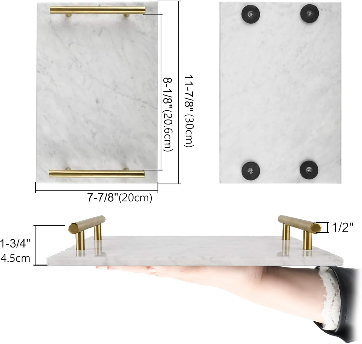 White marble tray dimensions and underside pads